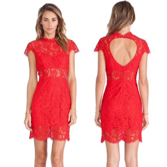 Saylor Anthropologie Women XS Jane Dress Rouge Red Lace Illusion Neck Bodycon - Picture 2 of 6